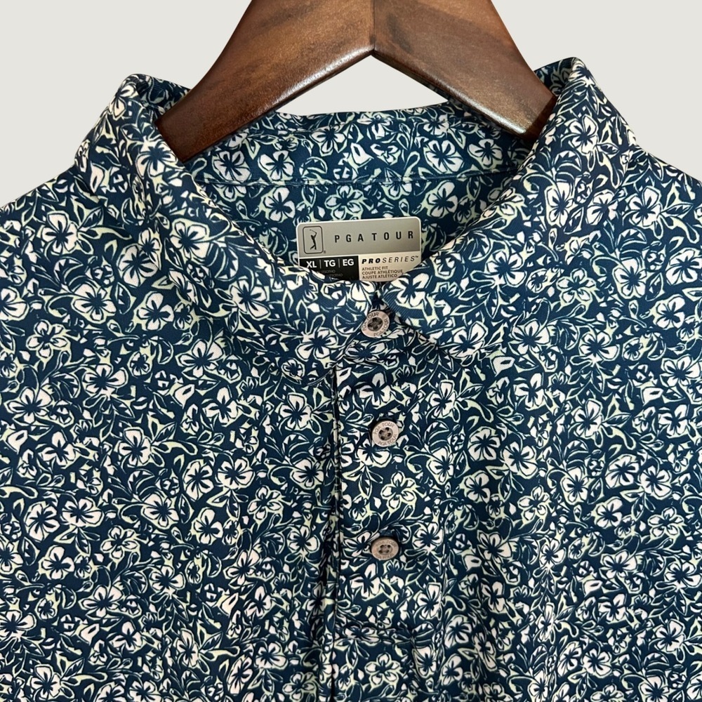 PGA Tour Pro Series Mens XL Golf Polo Shirt Teal Green Floral Athletic Preppy